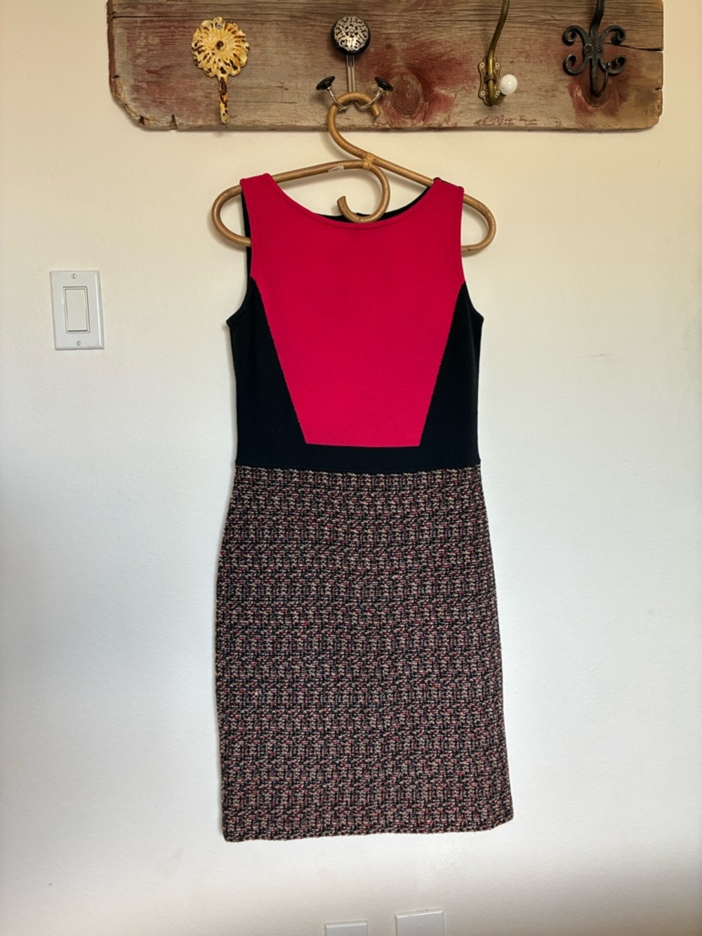 St. John Knit Pencil Dress Black / Red with Tweed Skirt Womens Size 4